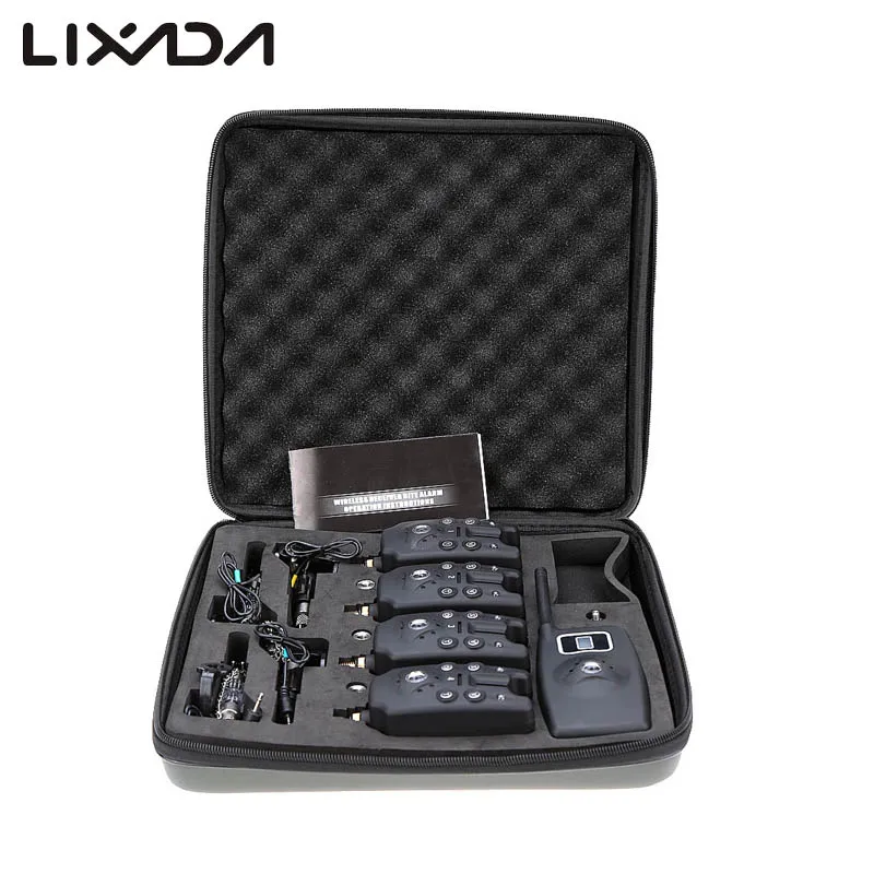 

Lixada Wireless Digital Fishing Bite Alarm Fishing Alarm 4 with LCD Indicator 1 Receiver 4 Fish Swingers with Zippered Case