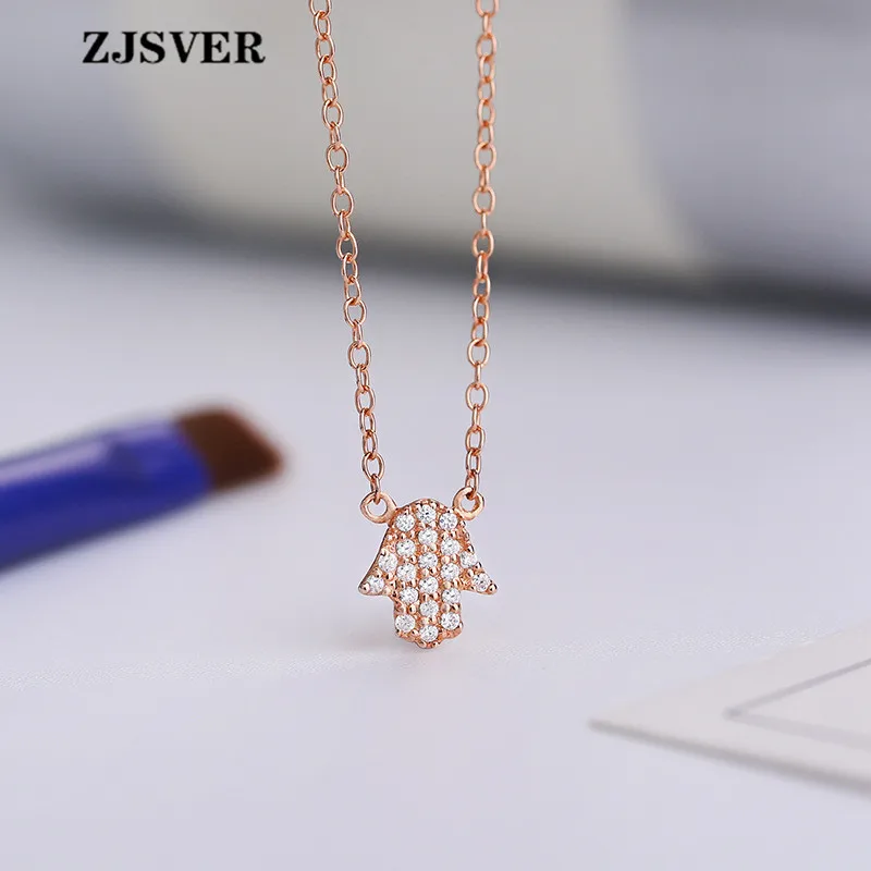

ZJSVER Fine Jewelry 925 Sterling Silver Necklace Hand Shape Pendant Fashion Rose Gold Choker Chain Women Necklace For Present