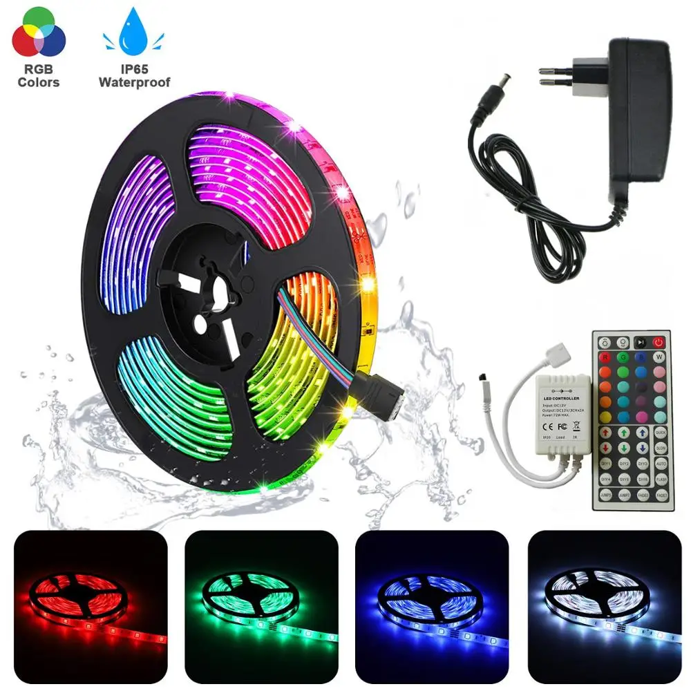 

5M SMD 5050 Flexible RGB Tape Ribbon+44key LED Controller+DC 12V Power Adapter 10M 15M 30leds/m LED Rope Strip Light For Home