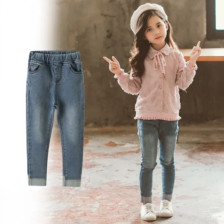 Джинсы для девочек повседневные однотонные джинсовые брюки узкие брюки для маленьких детей тонкие джинсы с эластичной резинкой на талии Fille Vestidos, для детей 6, 8, 10, 12 лет - Цвет: Синий