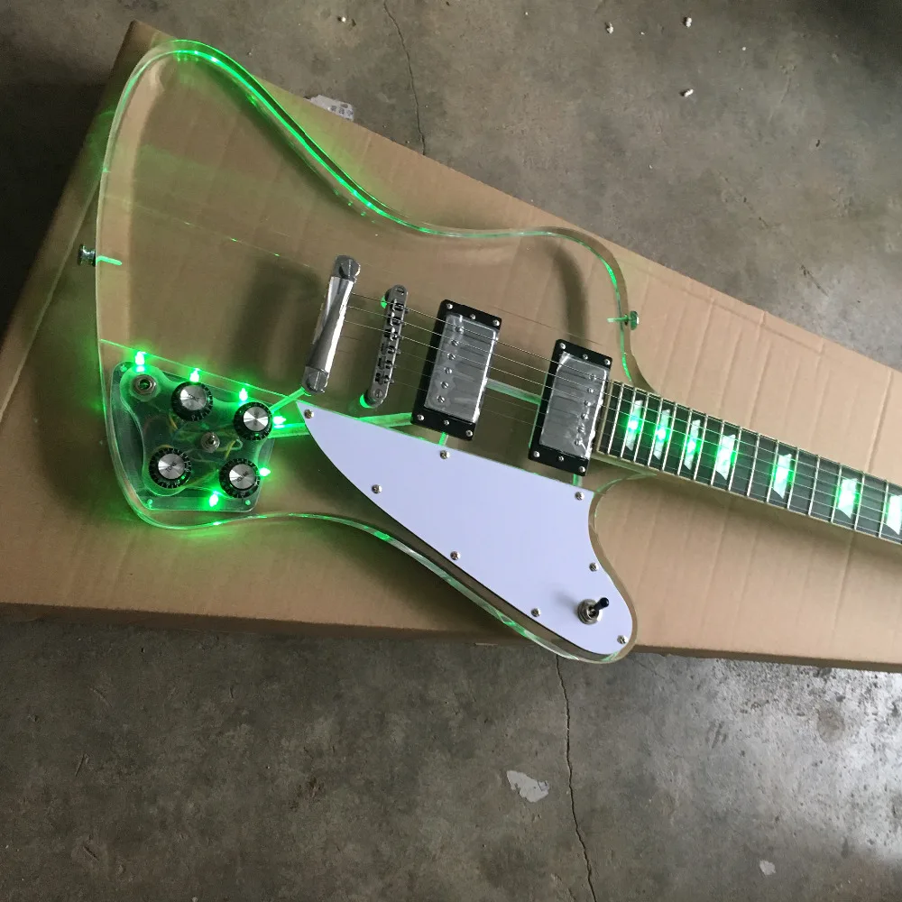 

Factory Custom Acrylic Firebird Electric guitar Fingerboard & Transparent Body with LED, Real photo showing, Wholesale
