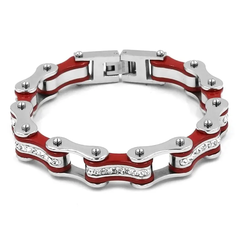 

Bling Crystal Motorcycle Bracelet Stainless Steel Jewelry Red Bicycle Chain Motor Biker Bracelet For Girl SJB0312