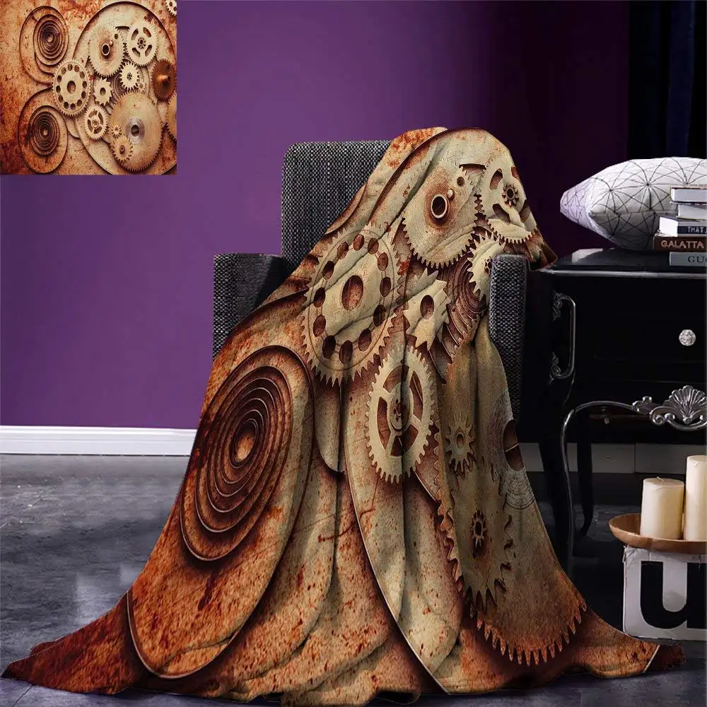 

Vintage Throw Blanket Mechanical Clocks Details Old Rusty Look Backdrop Gears Steampunk Design Warm Microfiber