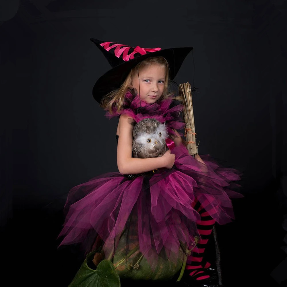 Платье-пачка ведьмы для девочек ярко-розовый и черный детский карнавальный костюм ведьмы для косплея, Детские праздничные платья для девочек, От 2 до 12 лет