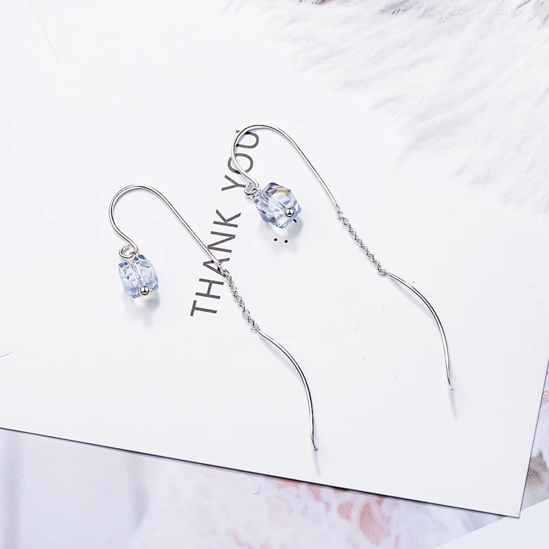 

KOFSAC Fashion 925 Silver Earrings For Women Jewelry Shining Crystal Small Cube Drop Earrings Lady Engagement Accessories Hot