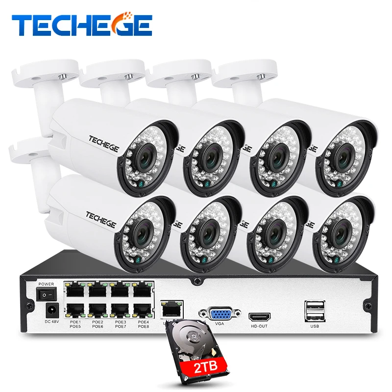 Techege 8CH 1080P POE system 2MP 3000TVL IP Camera Cloud 8CH 1080P 48V POE NVR CCTV System Night Vision Video Surveillance Kit