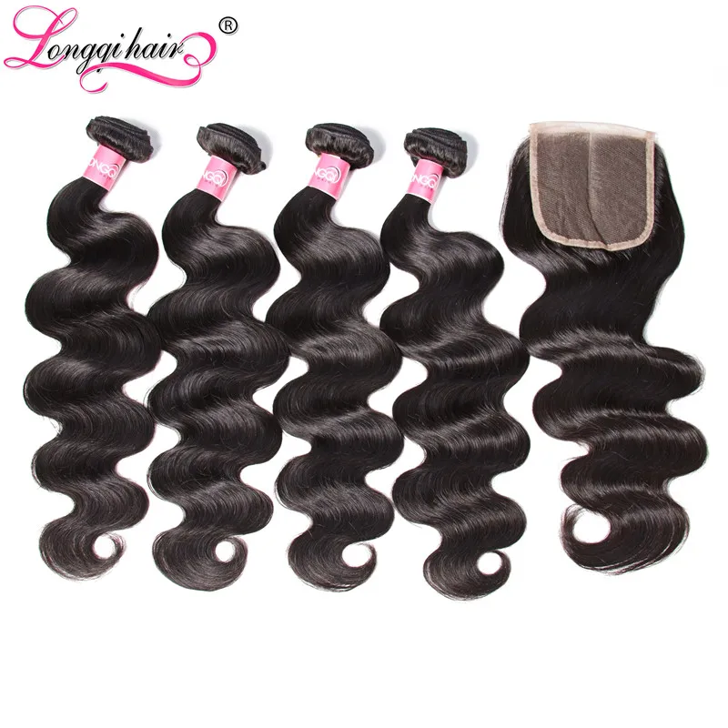 

Longqi Hair Peruvian Body Wave 4 Bundles with Closure Middle Part Three Part Free Part 4x4 Lace Closure with Remy Human Hair