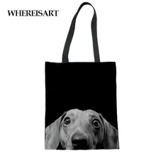 WHEREISART Черный Принт "Такса" складная сумка большая хозяйственная сумка повседневные предметы первой необходимости многоразовая Холщовая Сумка для продуктов простой дизайн