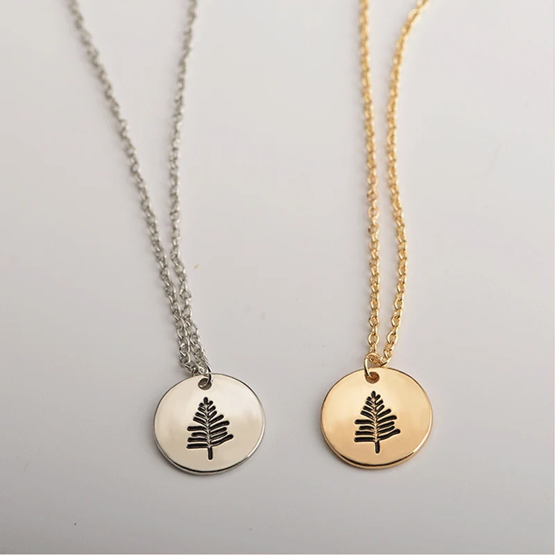 

Center Pine Tree Leaf Plant Round Metallic Slice Golden Silver Simple Necklace for Women