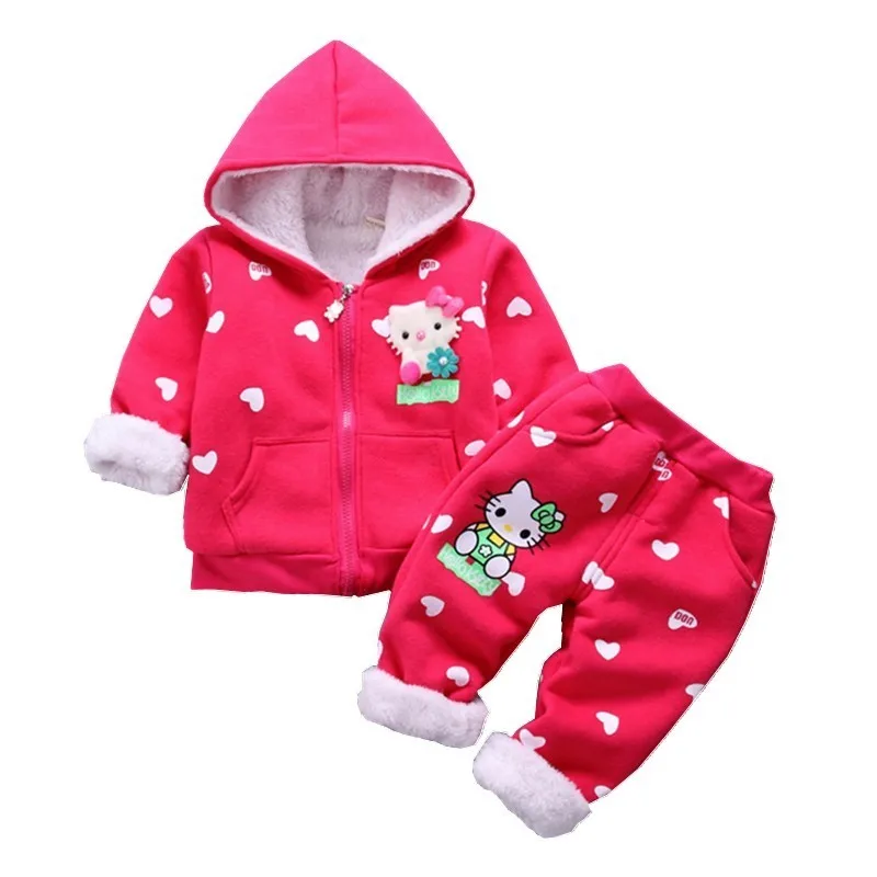 

2018 Autumn Winter Children Boys Girls Clothing Sets Baby Cartoon Cat Hooded Jacket Pants 2Pcs/sets Infant Add Cotton Tracksuits