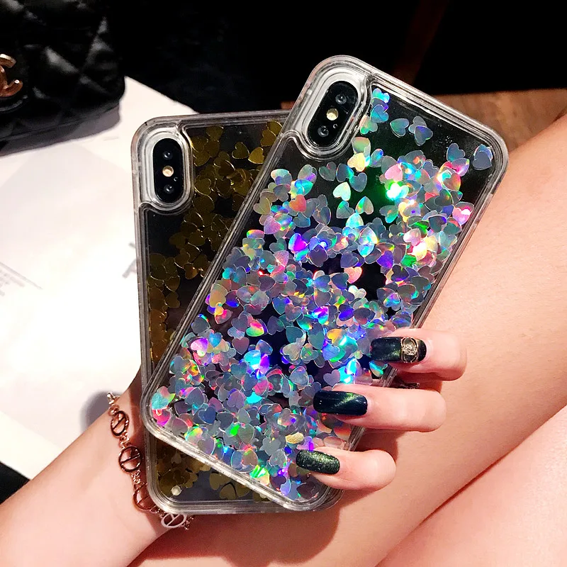 

Fashion Diamond Frame Phone Case For iPhone X 10 7 8 Plus Liquid Quicksand Love Hearts Sequin Cover For iPhone X 10 7 6 6S Plus