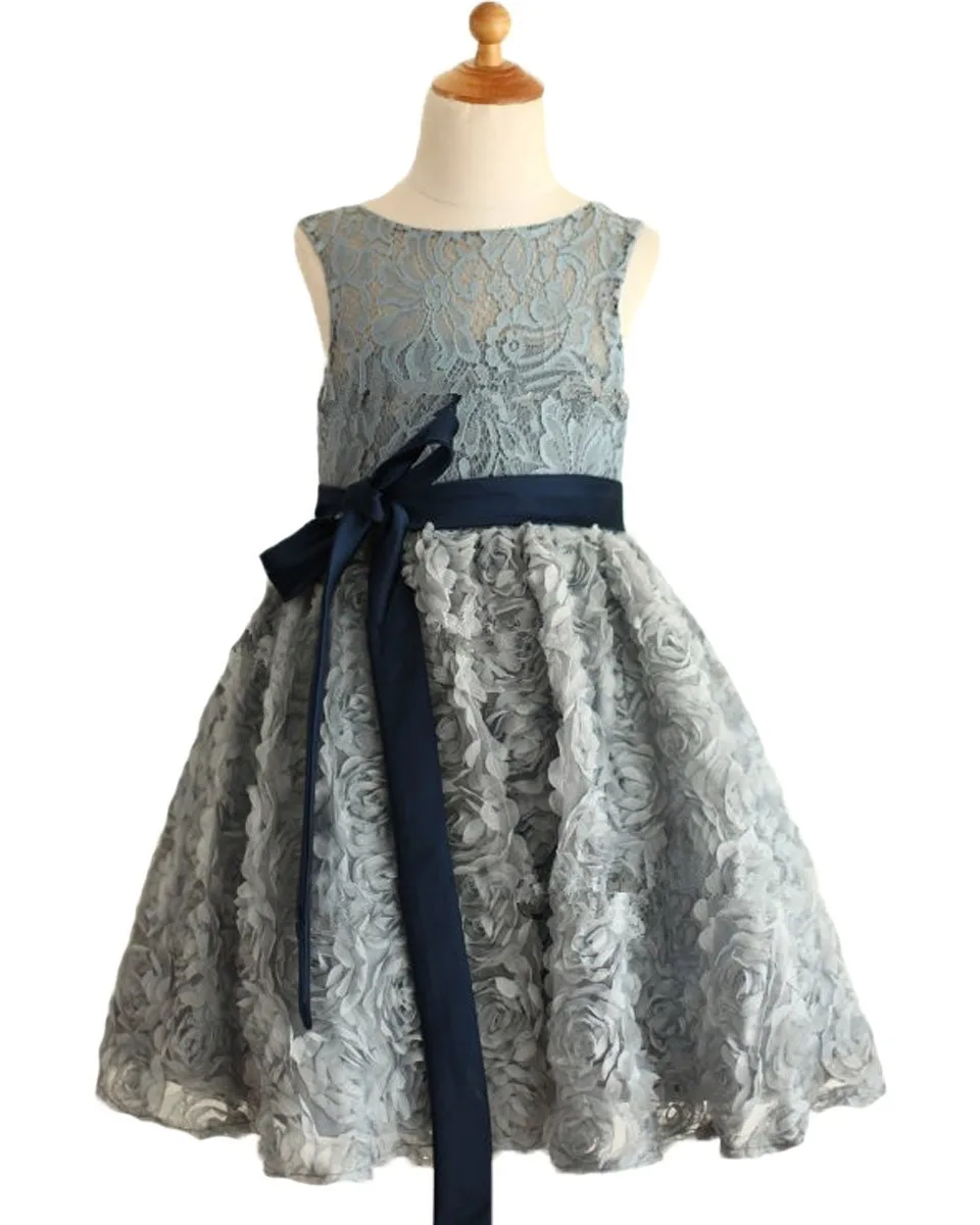 A-line Junior Dress Baby Girl Dress Navy Blue Bow Sash For Mother Daughter Dresses Gray Lace Rosette Keyhole Flower Girl Dress