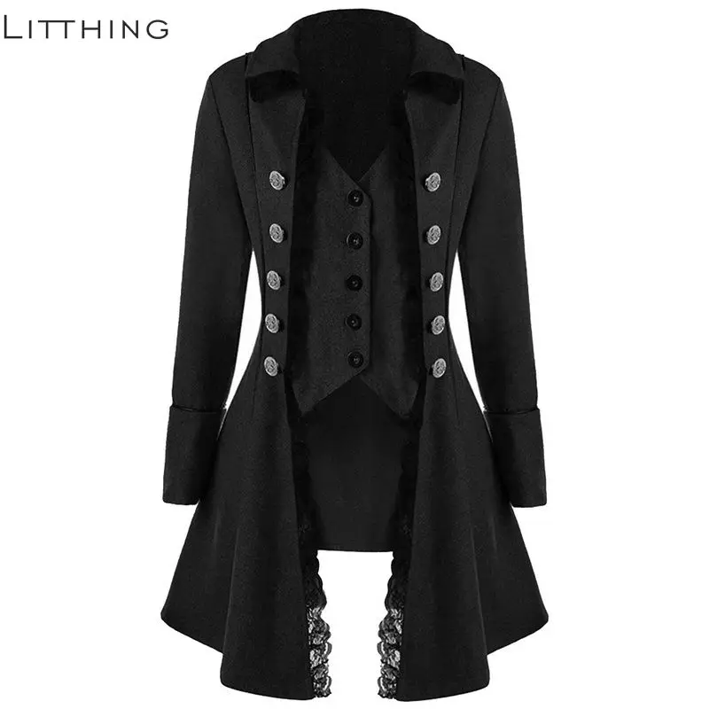 

Litthing Lace Trim Long Medieval Jacket Gothic Lady Cosplay Women Autumn Winter Solid Long Sleeve Three-Breasted Irregular Tops