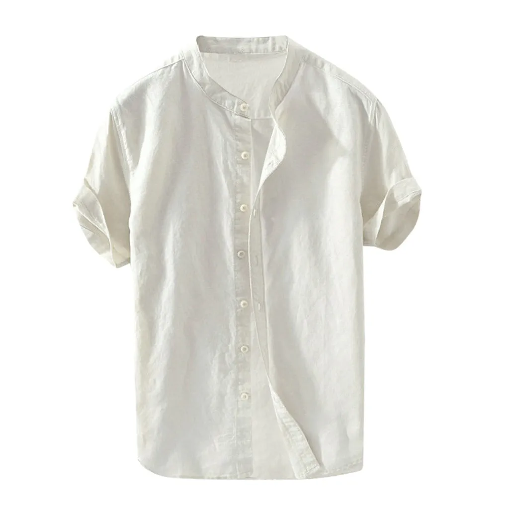 

Men's Baggy Cotton Linen Solid Casual Short Sleeve Button Retro Shirts Tops Blouse Broadcloth Fabric Type Stand Collar May 20
