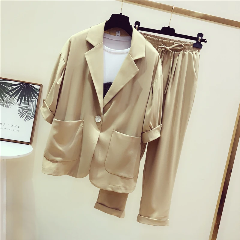 

MVGIRLRU Summer Lady Solid Blazer Pant Sets Single Button Short Sleeve Jacket and Elastic Ankle-length Trouser 2 Piece Set