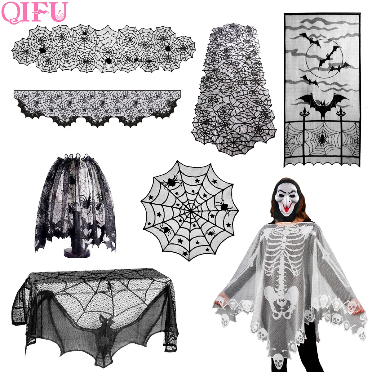 

Halloween Spider Web Tablecloth Halloween Skull Cloak Bat Curtain Happy Halloween 2019 Decor Halloween Horror Party Accessories