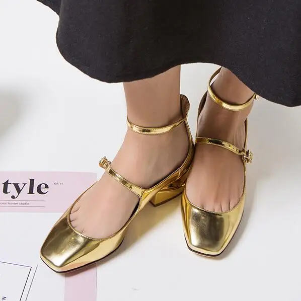Square Toe Buckle Strappy Mary Janes Fashionable Metallic Gold Women Leather Shoes Dancing Shoes