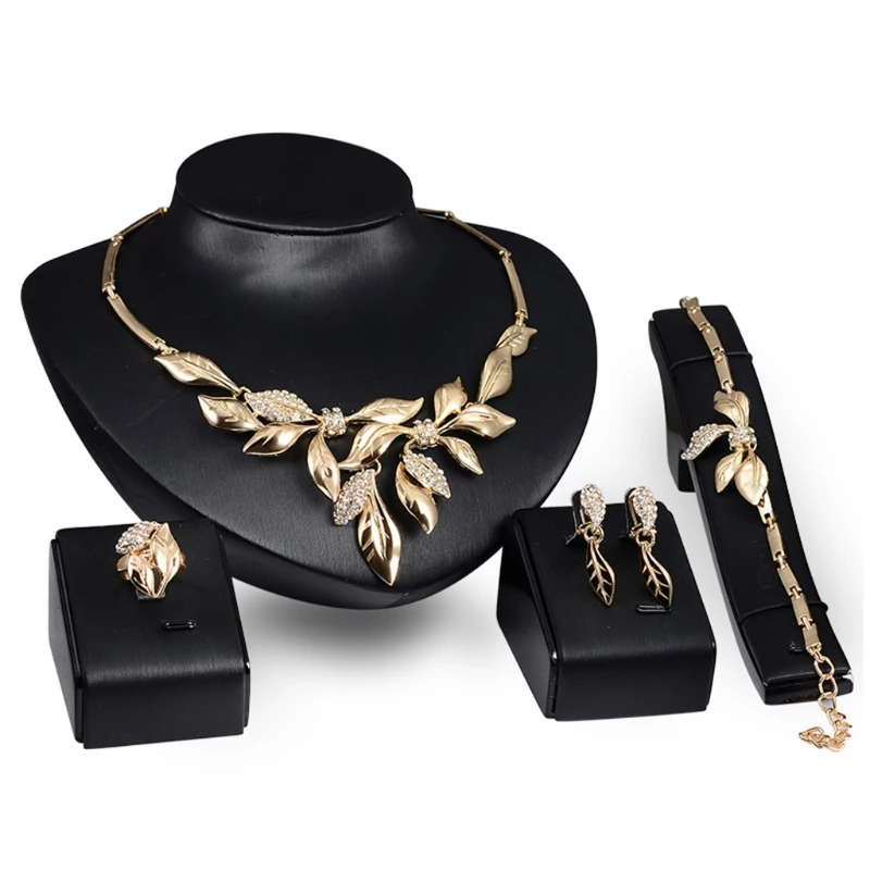 

Chic Jewelry Set Leaf Design Rhinestone Pendant Necklace Ring Bracelet Earrings