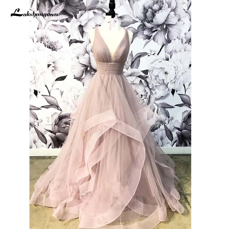 

Romantic White Champagne Wedding Dresses v neck tulle Bridal Gown with Ruffles Vestido De Noiva