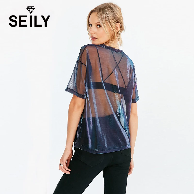 Seily Women's Holographic Mesh Sheer Short Sleeve Top - Sexy Transparent Shiny Club Punk Tee Shirt for Summer image 3