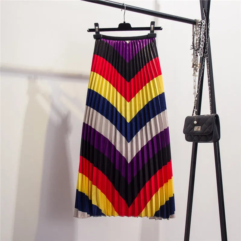 

2019 Spring Autumn New-Coming Color Matching Striped Pleated Skirt High Street Style Mid-Calf Empire Soft Fashion Women Skirts