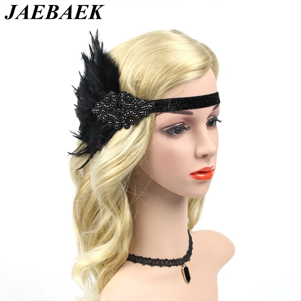 Jaebaek Gatsby Flapper Feather Crystal Headband 1920s Headpiece