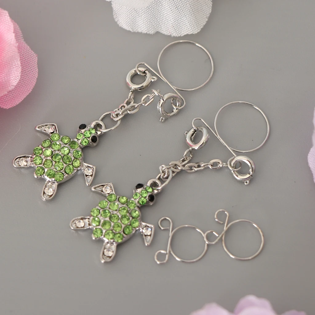 MagiDeal 2pcs Cute Tortoise Rhinestone Paved Animal Dangle Nipplering Non-piercing Clip On