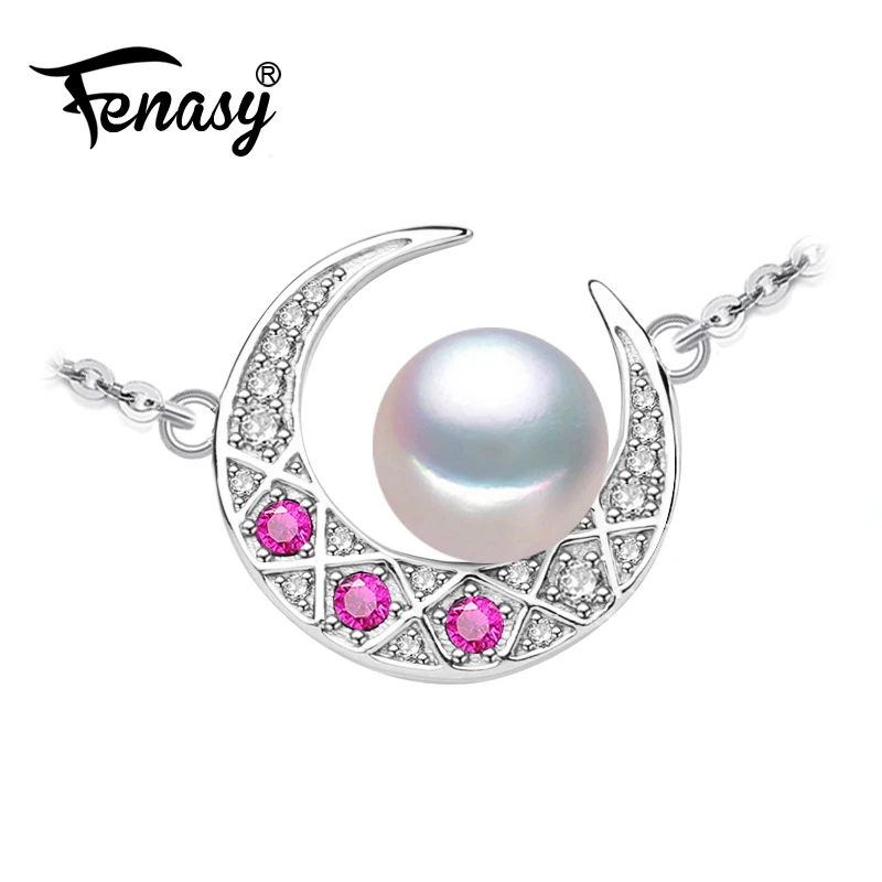 

FENASY ruby jewelry retro Pearl fine jewelry pendant necklace fashion moon necklace 925 Sterling Silver necklace for women girl