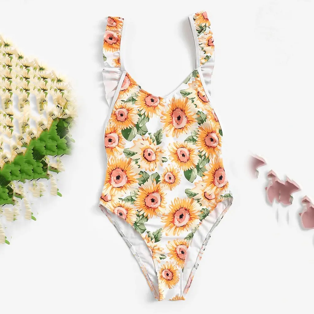 Womail One-Piece Suit 2019 Summer Women Sexy Sunflower Print  Ruffles Bikini Bathing Swimsuit Beachwear Floral Piece W3041