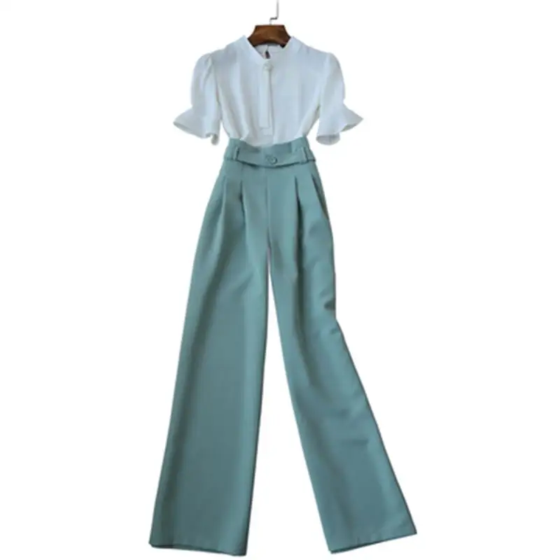 

Pants suit Summer New Korean fashion casual suit half sleeve chiffon shirt top + high waist wide leg pants Two-piece suit women