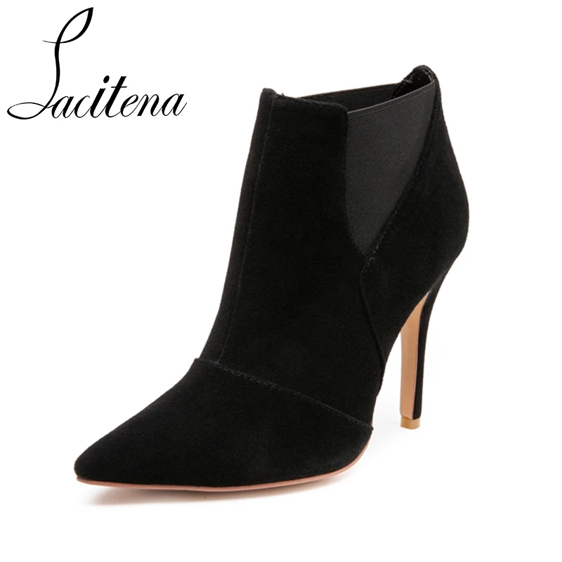 

Black Flock Elastic Band High Heel Booties Women Pointed Toe Booties Elegant Women's Boots