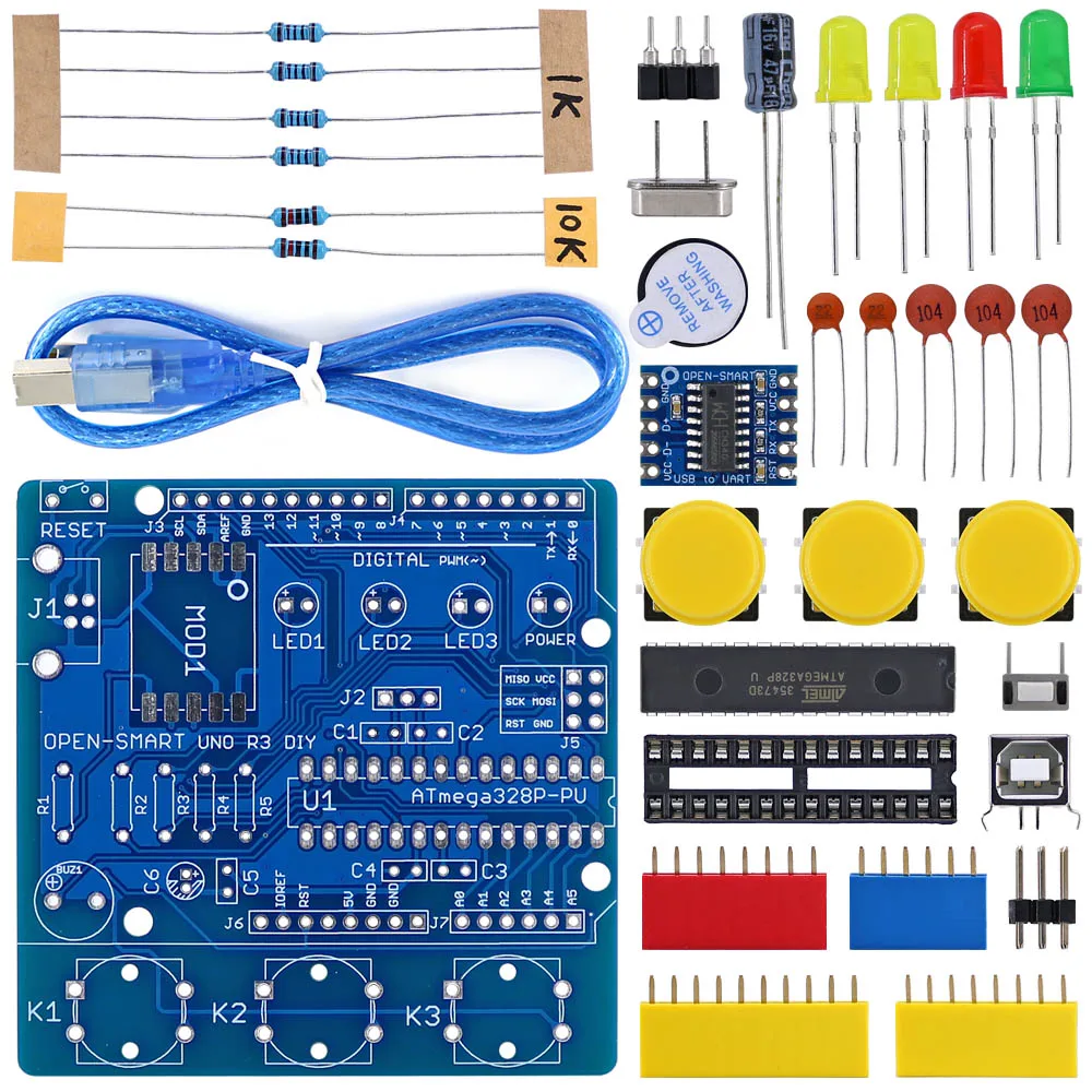 Открытый Смарт UNO R3 DIY ATmega328P макетная плата CH340 драйвер пайки части комплект с зуммер светодиодный кнопка для Arduino UNO r3-b