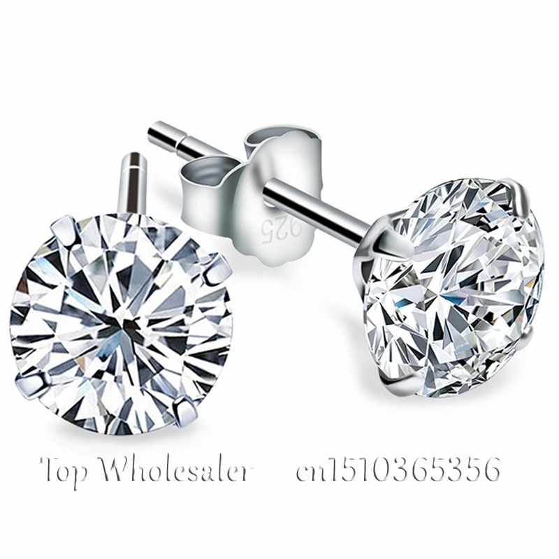 

Genuine 925 Pure Sterling Silver Wedding Engagement White Clear Black Cubic Zirconia Stud Earrings For Women Men Fashion Jewelry