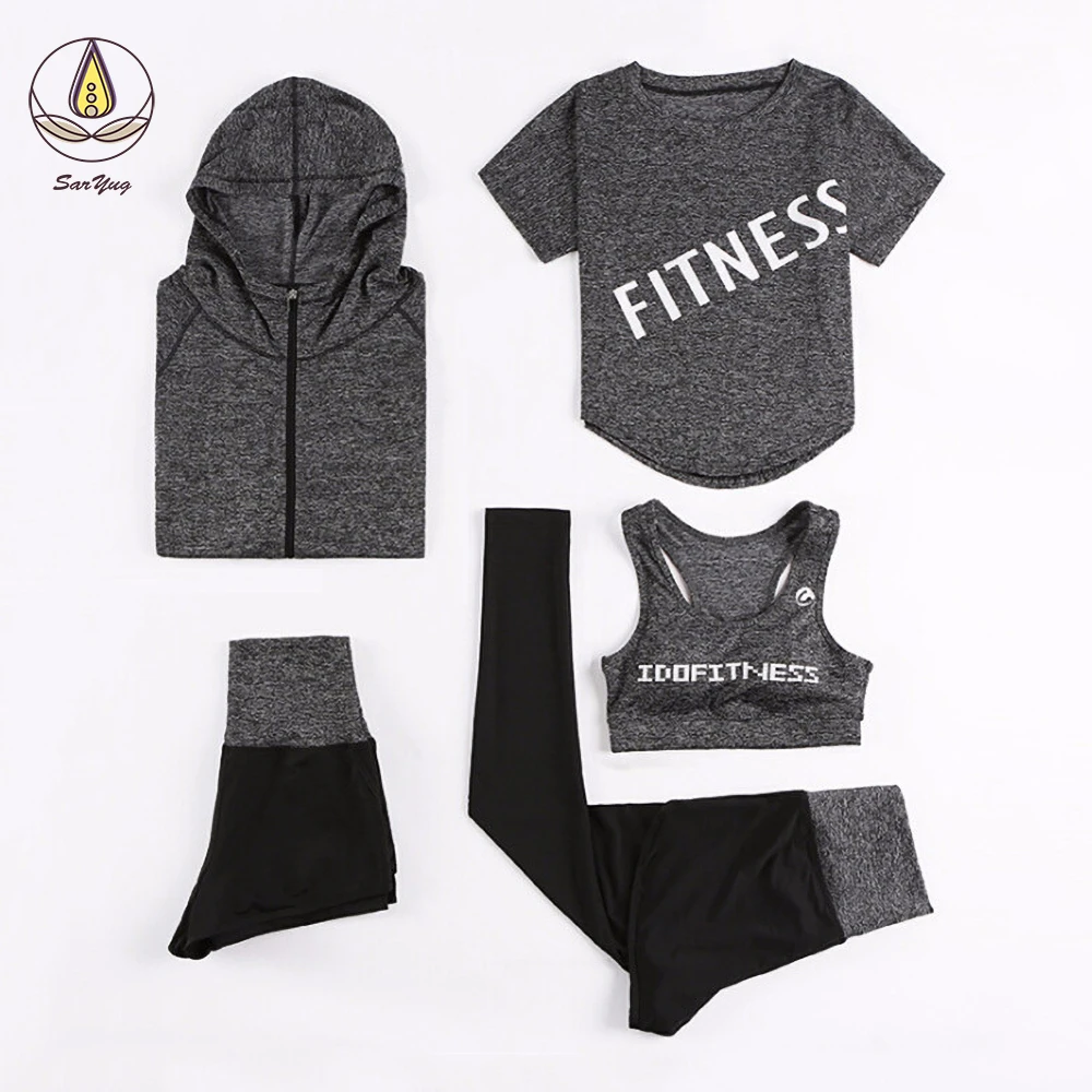 

New Plus Size 4xl Women Yoga Suit Sets Quick Dry Coats+high Waist Pants TShirt Shorts Bra Fitness Gym Sports 5 Piece Set Running