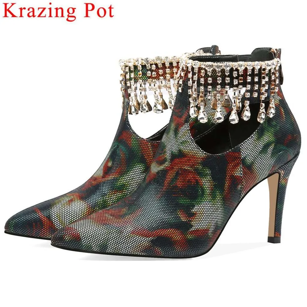 

Superstars kid suede stiletto 8.5cm heels mixed colors flower pattern sexy nightclub Spring boots pendants chain ankle boots L08