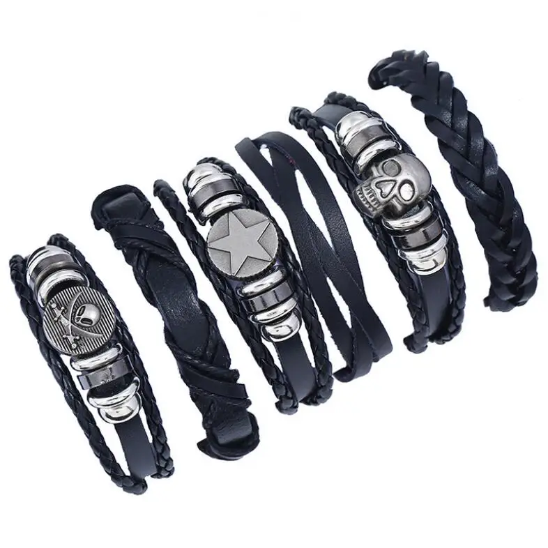 

Gothic Punk Rock Hiphop Skull Multilayer Leather Bracelets Pirate Skeleton Star Beads Braided Rope Wristbands Vintage Bangle Set