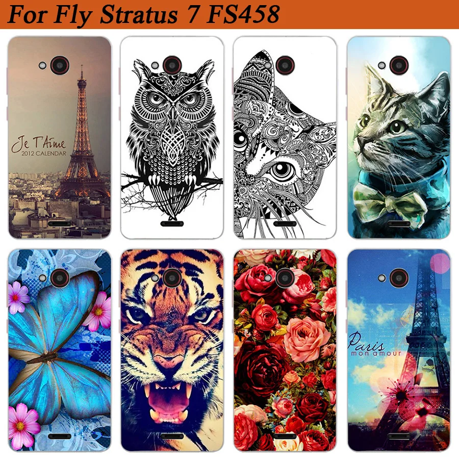 Чехол для Fly Fs458 Stratus 7 мягкий ТПУ Тигр филин Роза рисунок разноцветный чехол чехлы