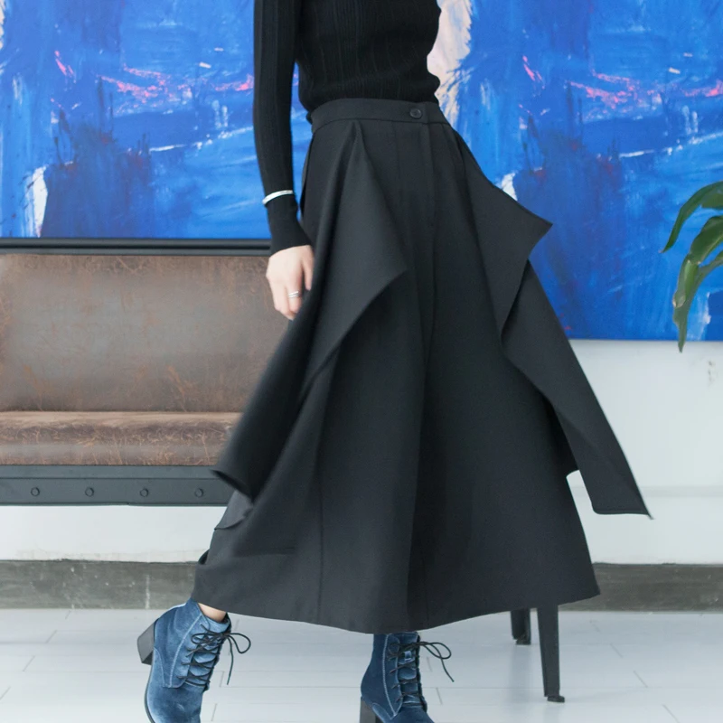

LANMREM 2019 Spring New Fashion Multilevel Irregularity Black Casual High Waist Trousers Female's loose Wide Leg Pants YF61501