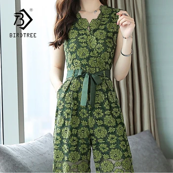 

Women's Summer Hollow Out Floral V-Neck Wide Leg Lace Jumpsuits 2018 New Arrival Elegant High Waist Jumpsuits Hots Sales S85404F
