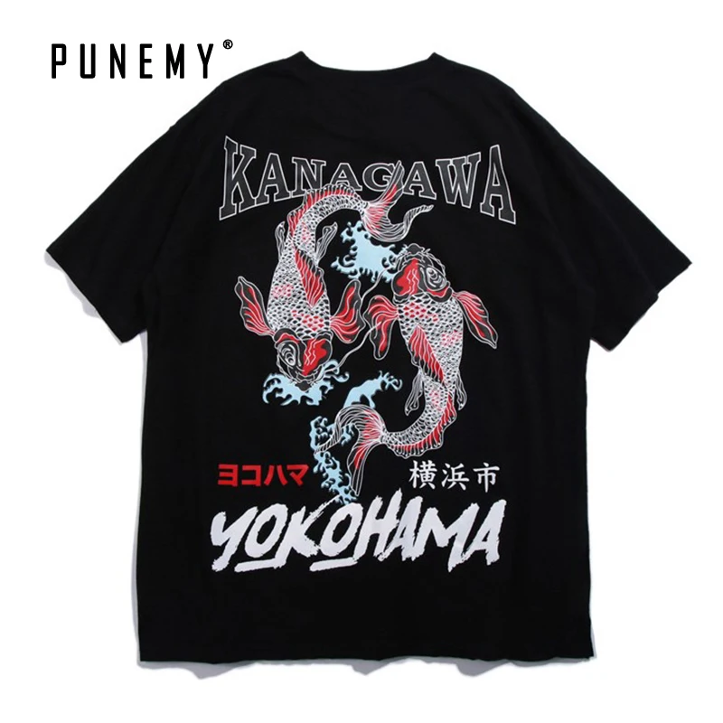 Harajuku Японская мода Koi Рыба Печать Мужская футболка хип хоп футболки оверсайз