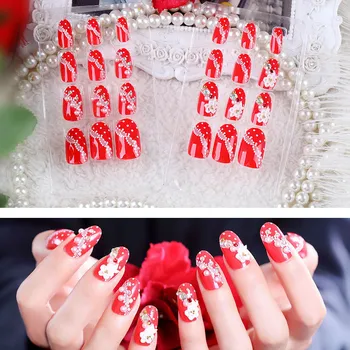 

Women Chinese Style Red Color Fake Nail DIY Fashion Simulation Pearl Nail Art Tips with Glue Ladies Long Size French False Nails