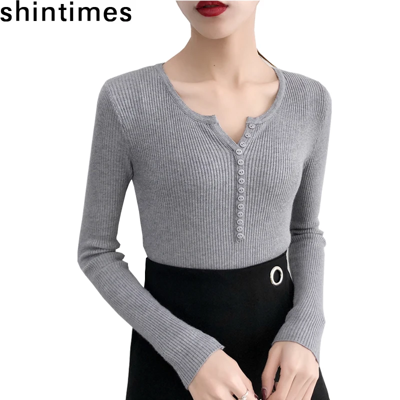 Womens Sweater 2019 Autumn Winter Elasticity Sexy V-Neck Button Sweaters Women Pullover Long Sleeve Women Sweater Knitted Tops