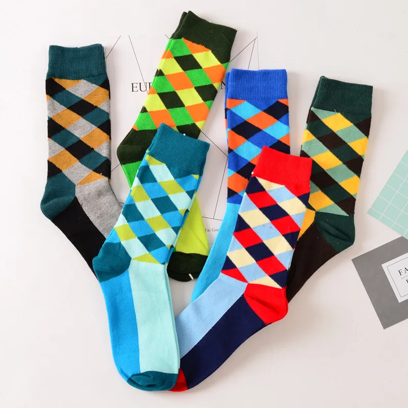 Новые яркие Для мужчин хлопок Happy Socks Argyle британский стиль платье в деловом стиле экипажа длинные носки алмаз Harajuku ретро Брендовая