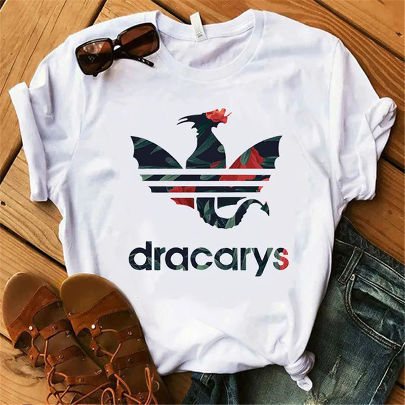 Showtly Dracarys GAME OF THRONE Female T Shirt Women Summer Dragon Print White Casual Plus Size Streetwear Fashion T shirt - Цвет: XWT0012-5-white