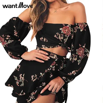 

Wantmove womens summer fashion 2 peices sets sexy floral printed slim off shoulder short club party mini skirt sets WM270