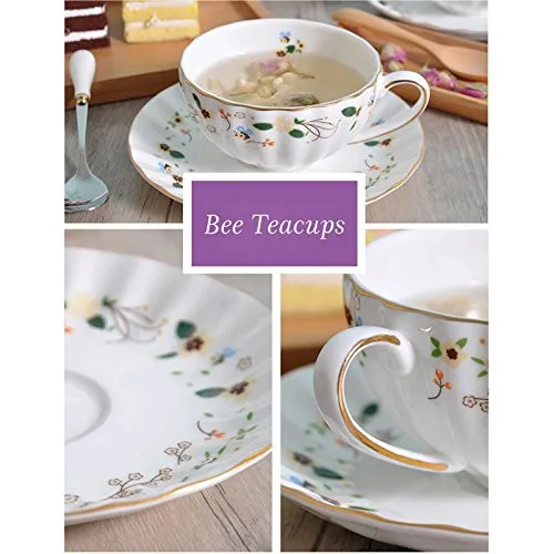 Flower Bee Tea Cups and Saucers, Coffee Bone China Mug 1 Set (1 Cup and 1plate)07