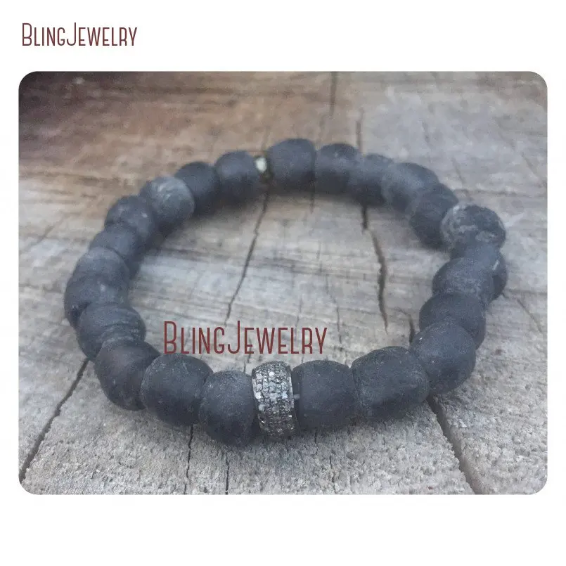 20180321-BM10798-Vintage Recycled African Trade Glass Tribal Paired With Genuine Pave Diamonds Sterling Silver Zen Yoga Boho Festival Stone Stack Bracelet_1