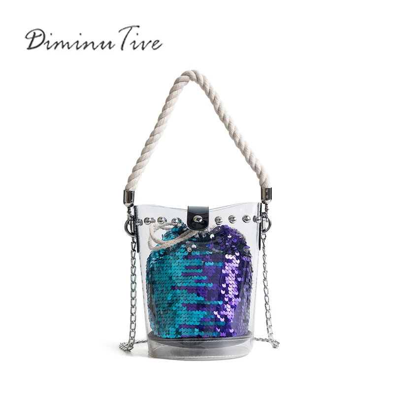 

DIMINUTIVE 2018 Female Luxury PVC Clear Fashion Shoulder Bags Sling Totes Jelly Handbags Transparent Sequin Beach Summer New Bag
