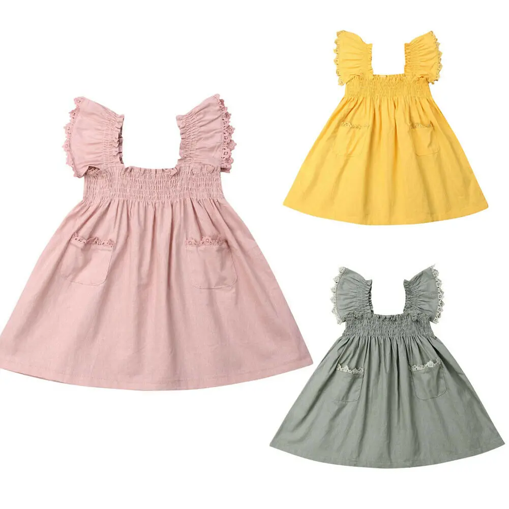 

1-7Y Summer Toddler Kids Baby Girls Dress Sleeveless Pure Color Pocket Princess Girl Party Dresses Sundress Clothes