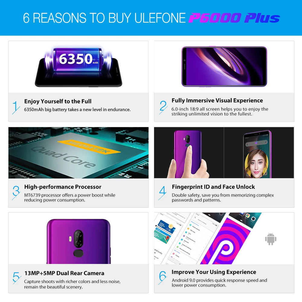 4G LTE мобильный телефон P6000 Plus Android 9,0 6350 мАч смартфон 6,0 дюймов Лицо ID HD + Двойная камера Ouad Core 3 ГБ 32 ГБ мобильный телефон Новый
